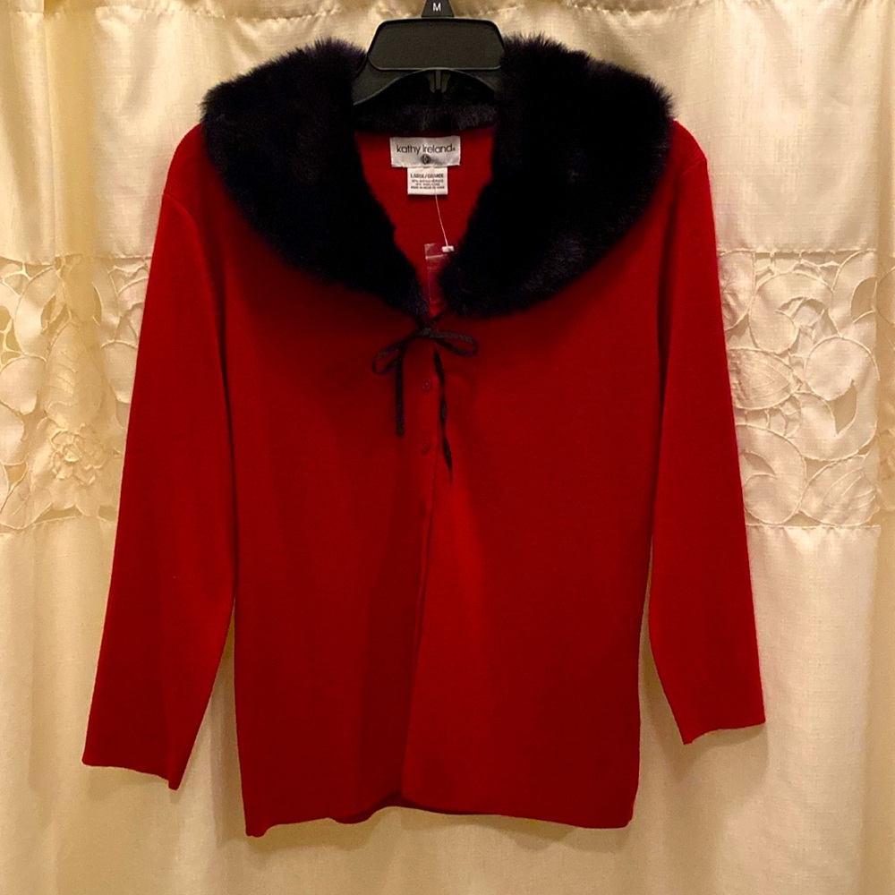 Woman’s Cardigan Sweater w/Black Faux Fur Collar, Red buttons, 100% Acrylic